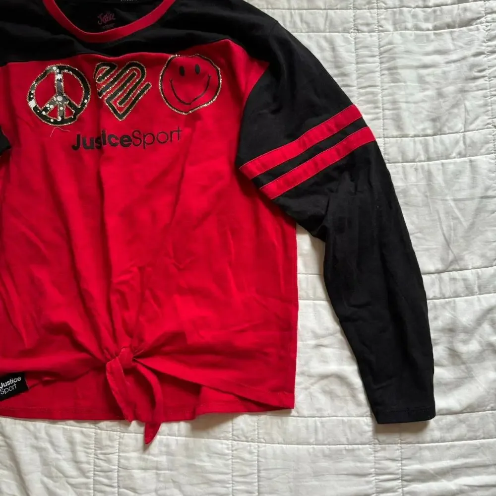 Justice graphic long sleeve t‎ shirt sz large black red sporty glitter casual